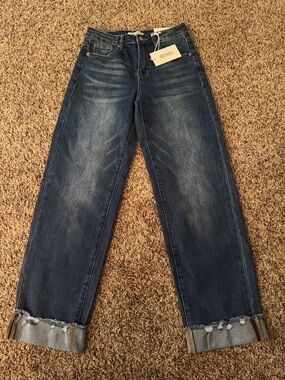 Zenana wide cuff raw hem straight leg jeans